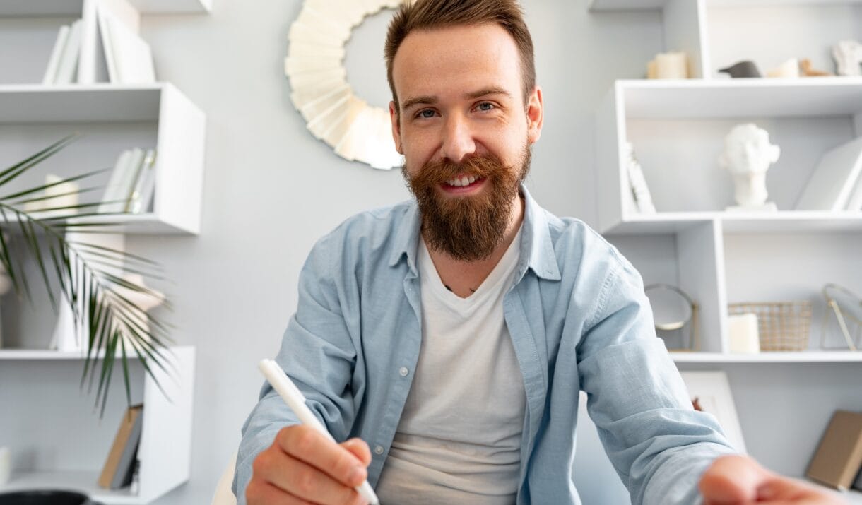 Young Bearded Man Sitting At The Desk And Taking N AP4SLGL 1220x715