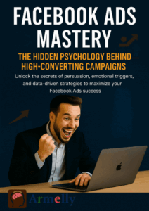 Facebook Ads Mastery guide cover featuring growth chart, excited entrepreneur, and Armelly branding