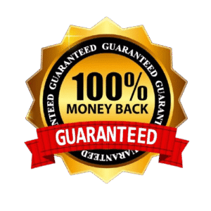Money-back guarantee badge for digital marketing course, offering 100% refund assurance to Facebook Ads Mastery buyers