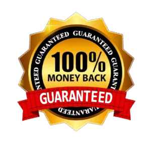 Money-back guarantee badge for digital marketing course, offering 100% refund assurance to Facebook Ads Mastery buyers