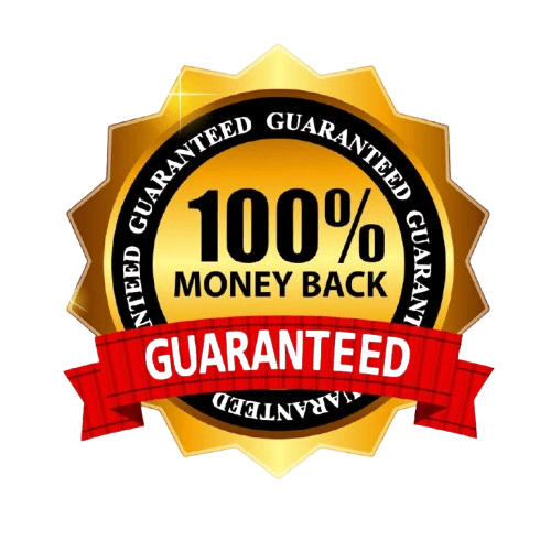 Money-back guarantee badge for digital marketing course, offering 100% refund assurance to Facebook Ads Mastery buyers