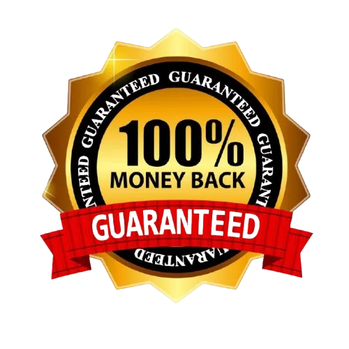 Money-back guarantee badge for digital marketing course, offering 100% refund assurance to Facebook Ads Mastery buyers